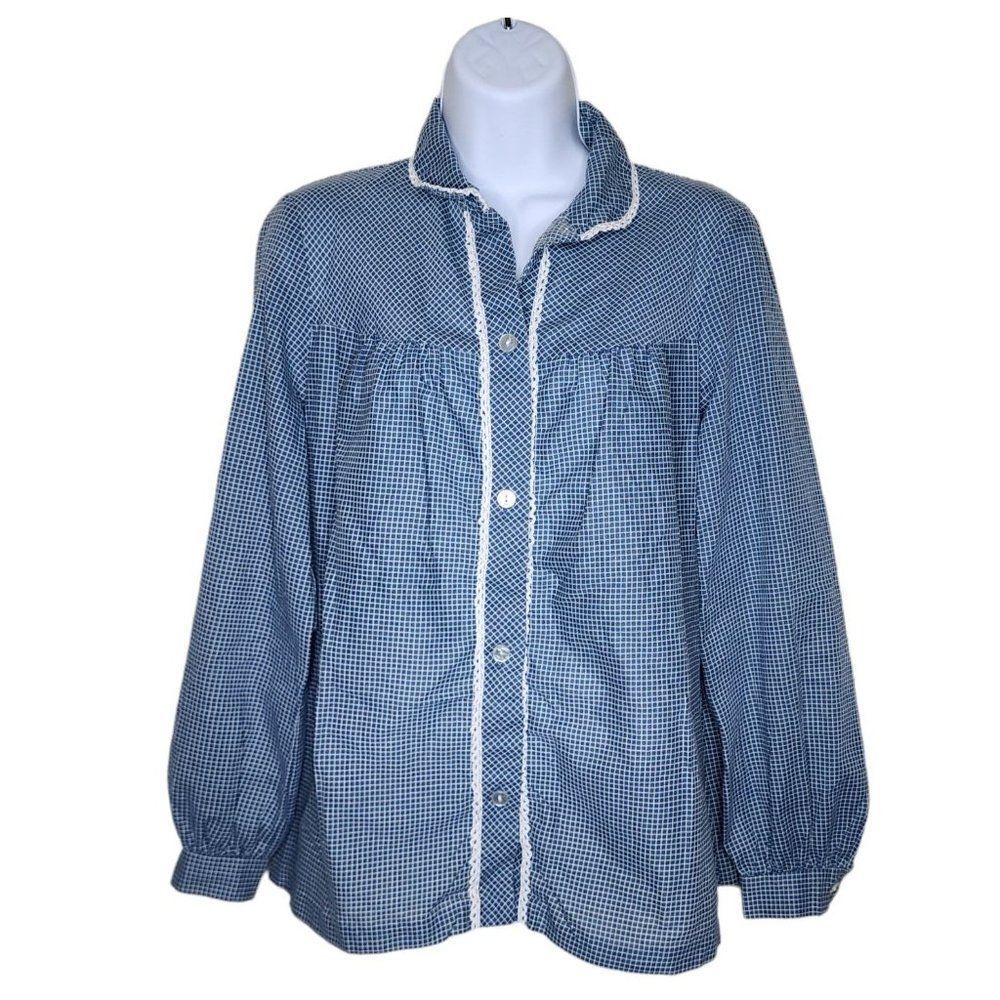 Vintage 80s Western Blouse Button Up Shirt Womens Size M Blue Check
